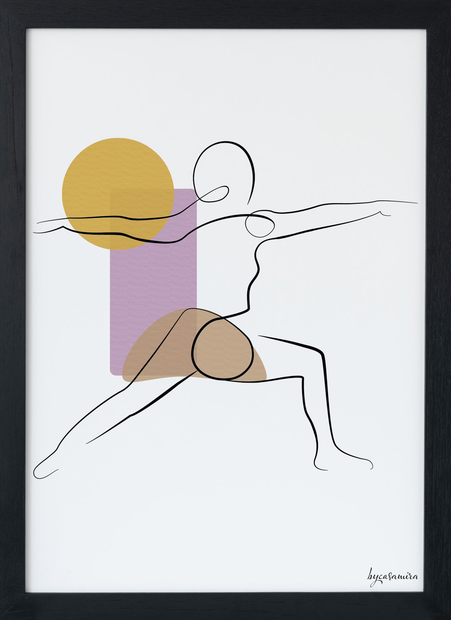 Line art print displaying and demonstrating the yoga 'Warrior Two Pose'.