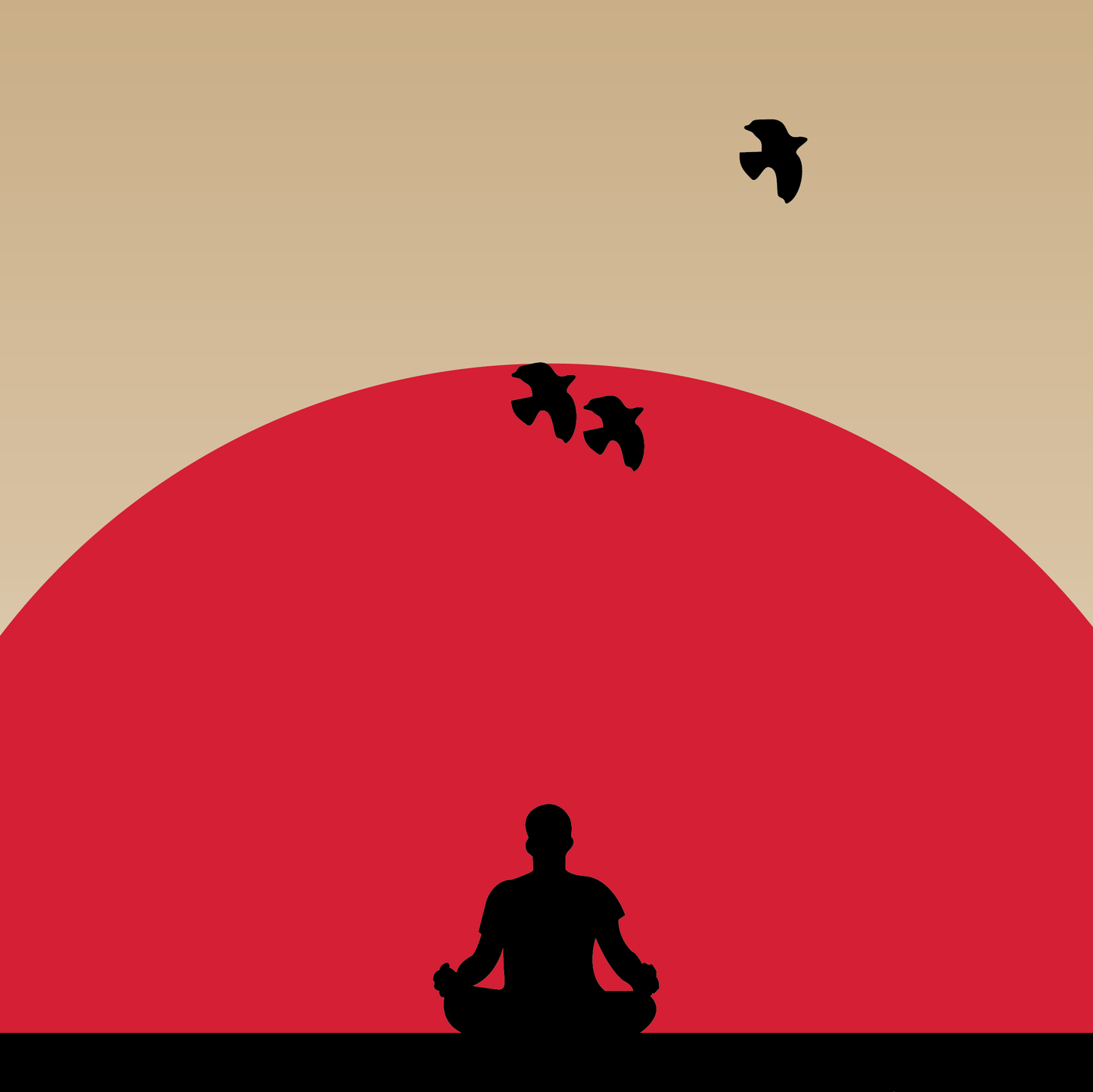 Minimal vector art showing a character practicing yoga in front of the red sun and 3 birds flying into the distance.