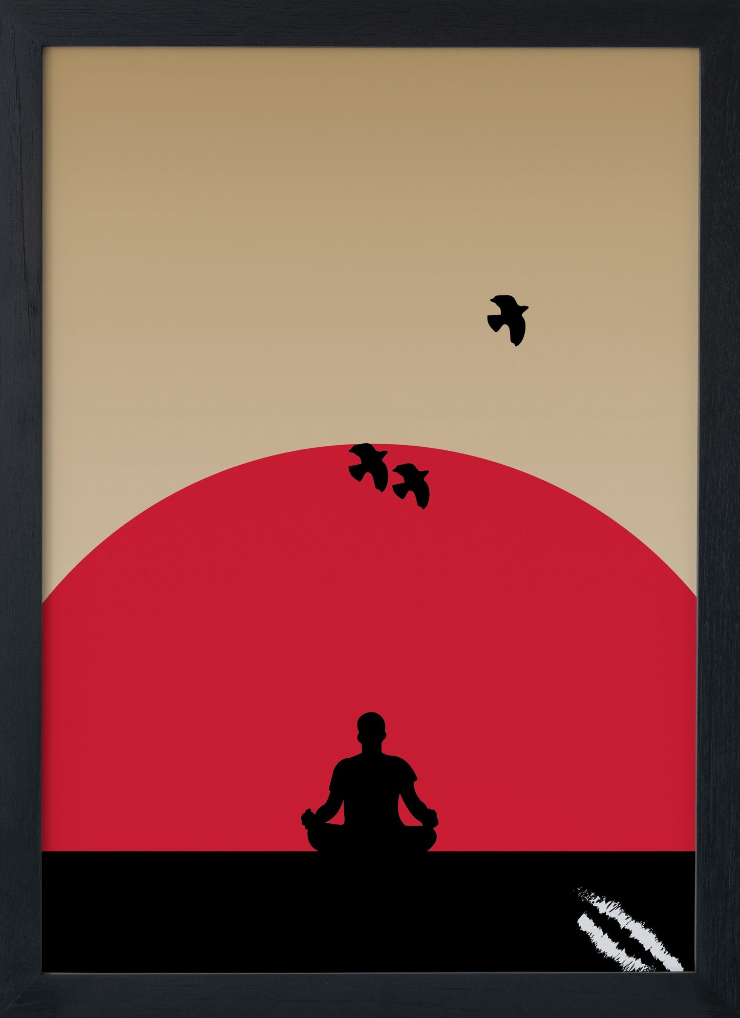 Minimal vector art showing a character practicing yoga in front of the red sun and 3 birds flying into the distance.