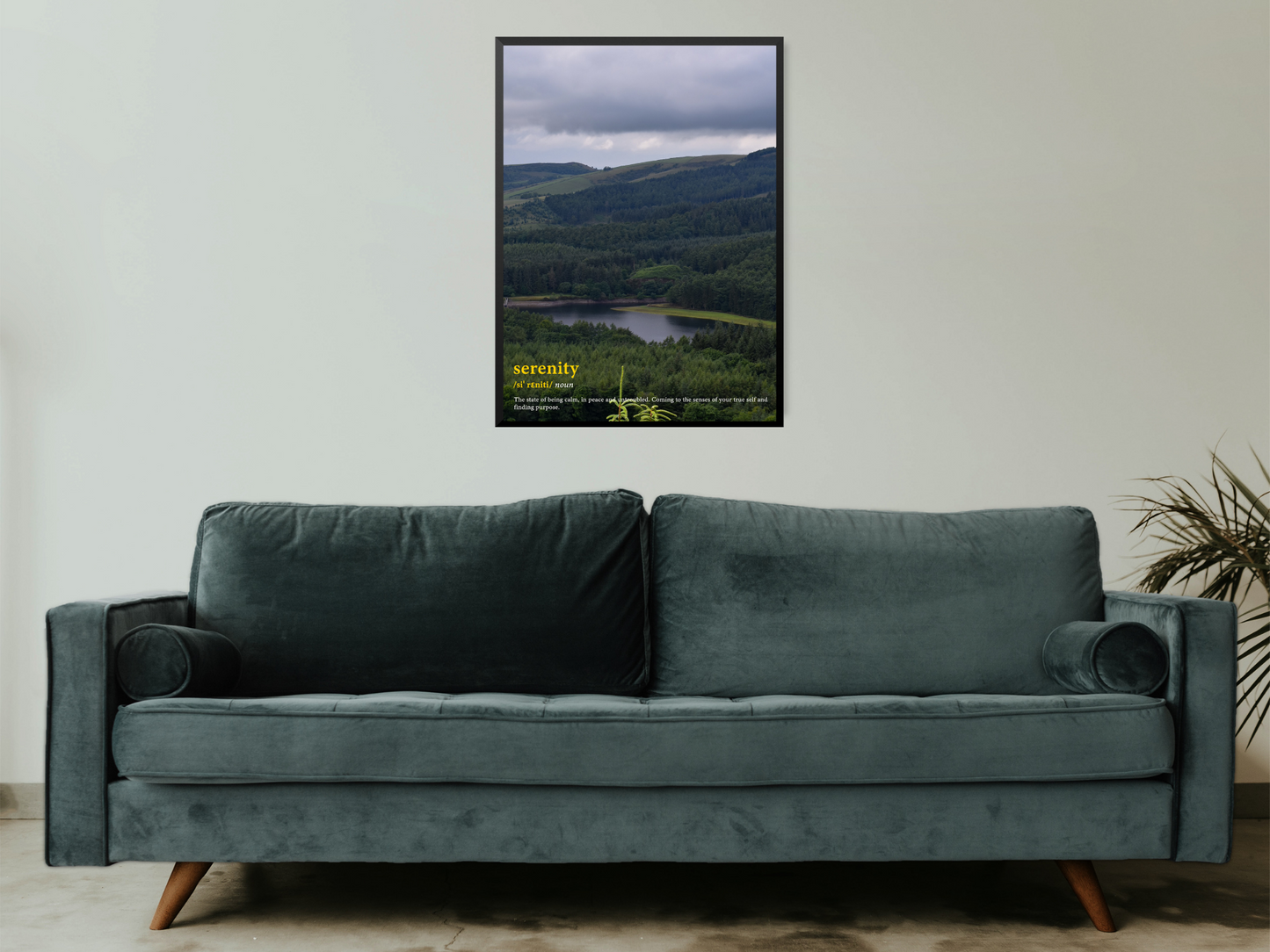 Serenity word definition poster. This photography print looks over a forest and the river with a sea of trees in the distance stretching across the hills. Serenity (noun). The state of being calm, in peace and untroubled. Coming to the senses of your true self and finding purpose.