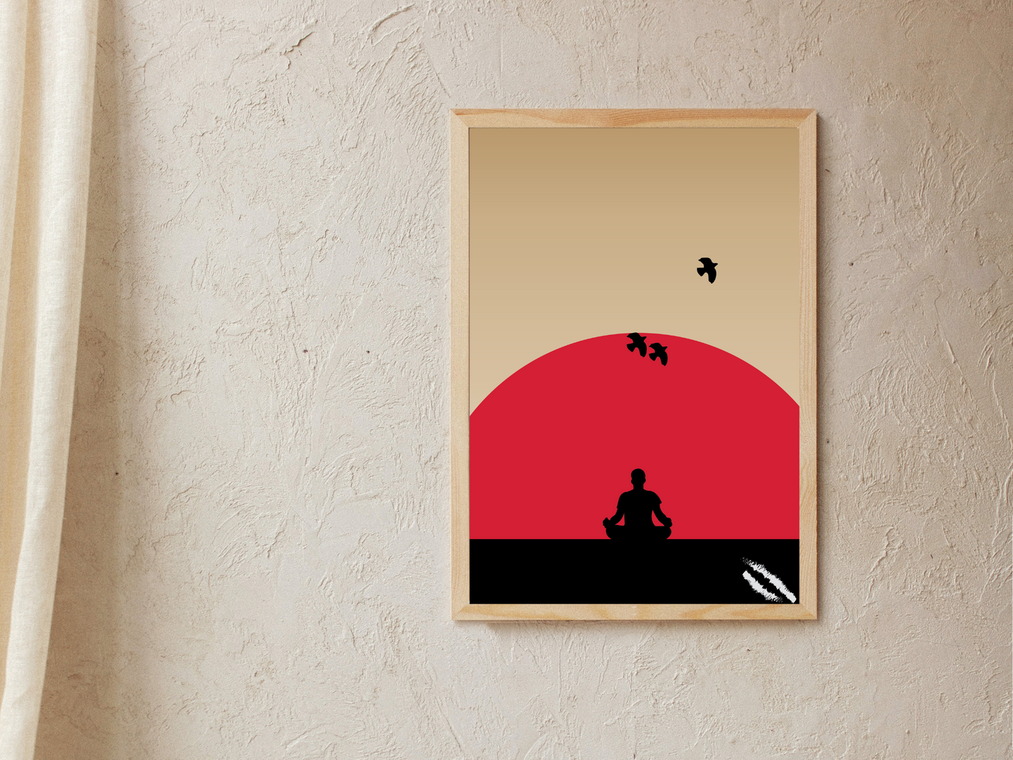 Minimal vector art showing a character practicing yoga in front of the red sun and 3 birds flying into the distance.