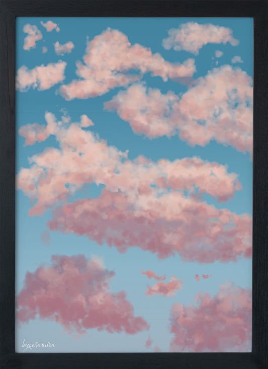 Giclée Wall Art Print of Dreamy Pink Cotton Candy Clouds against a beautiful blue sky.