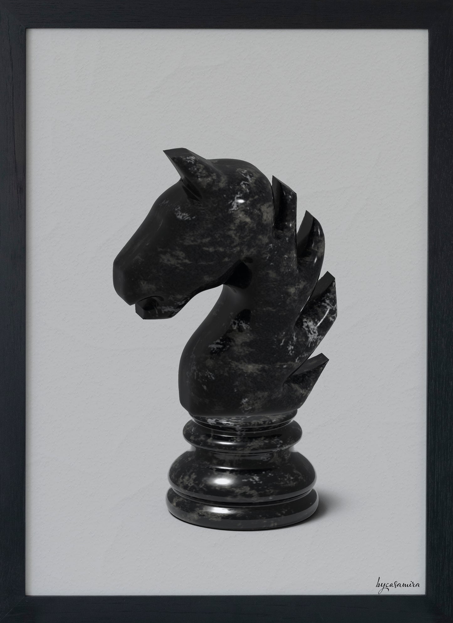 Black marble knight chess piece on a light grey background.