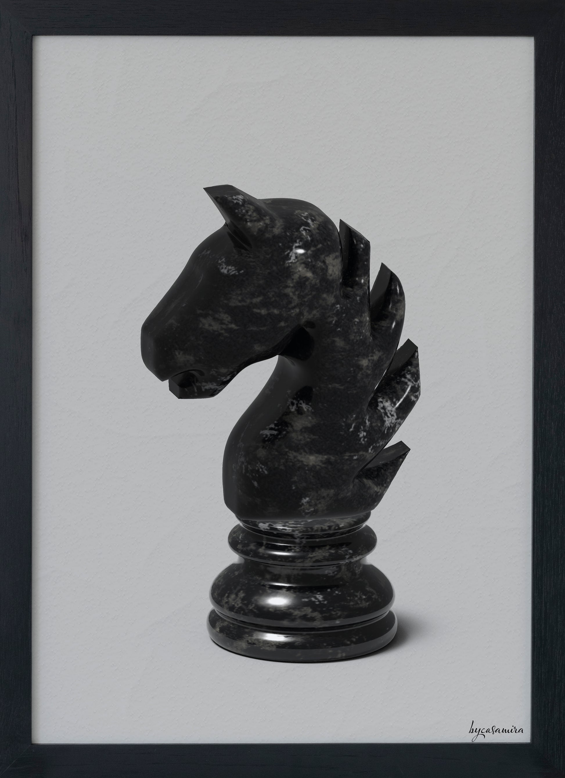 Black marble knight chess piece on a light grey background.