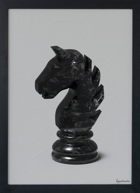 Black marble knight chess piece on a light grey background.