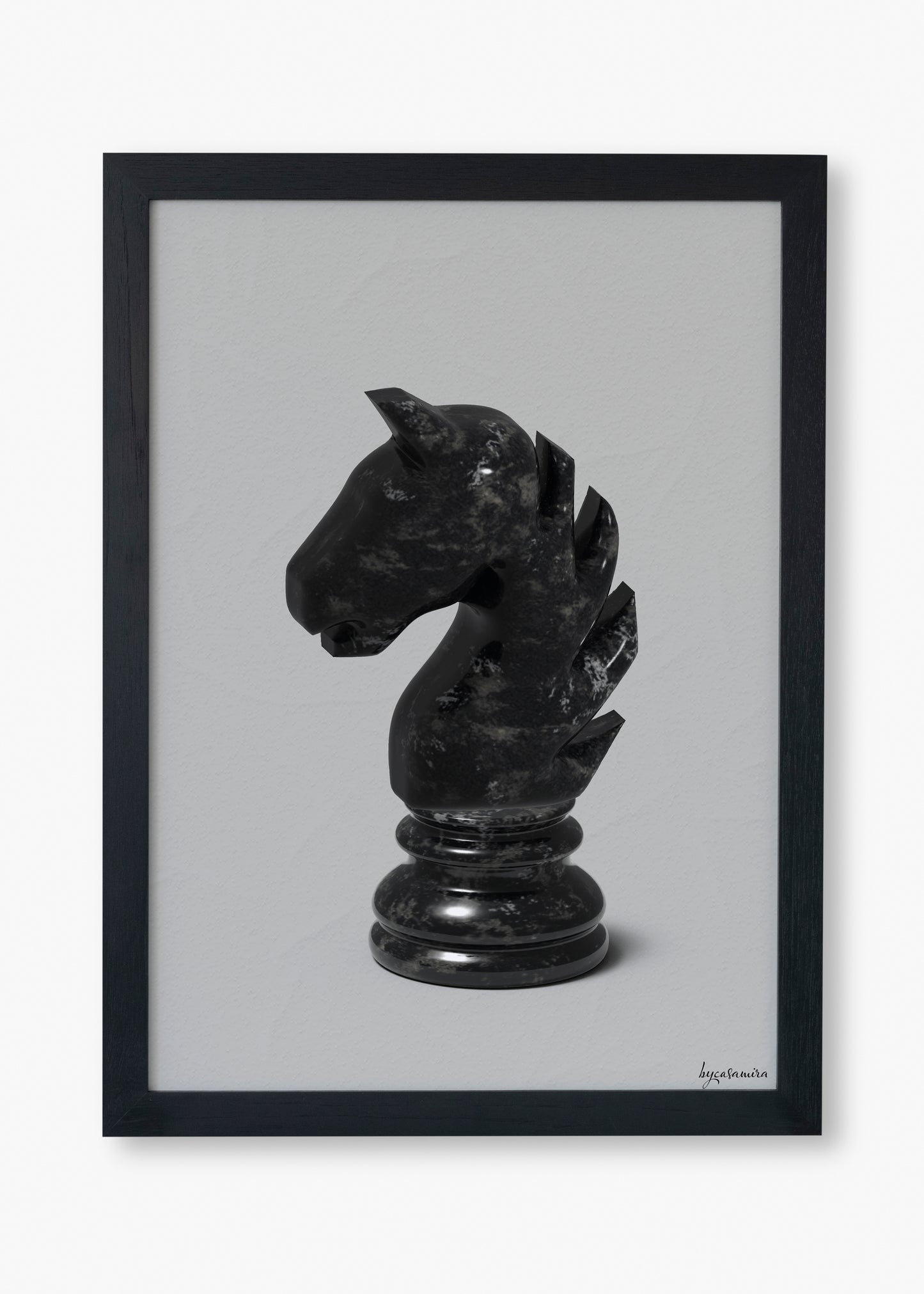 Framed artwork of a black knight chess piece on a grey background