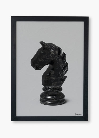 Framed artwork of a black knight chess piece on a grey background