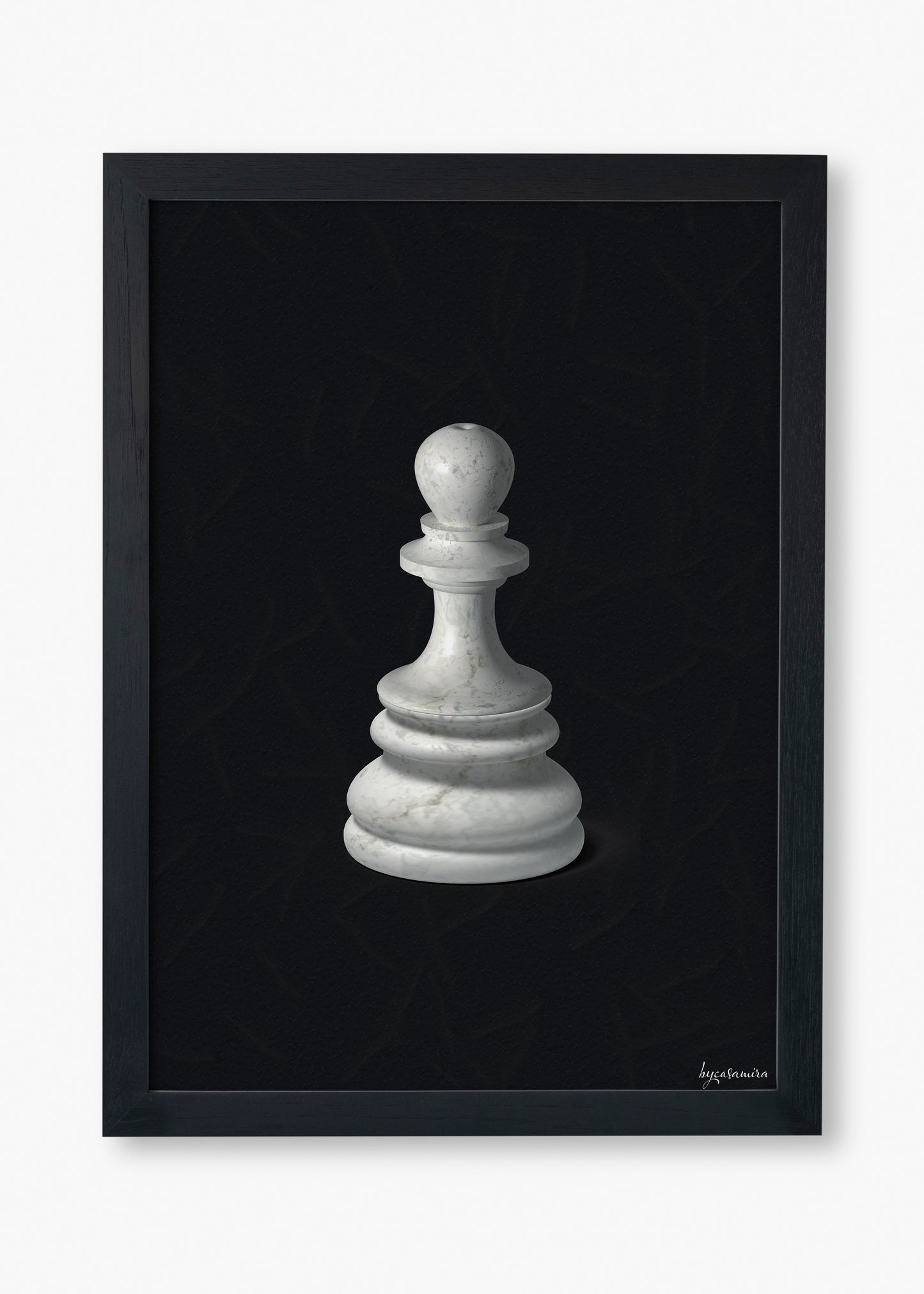 Framed artwork of a white pawn chess piece on a black background