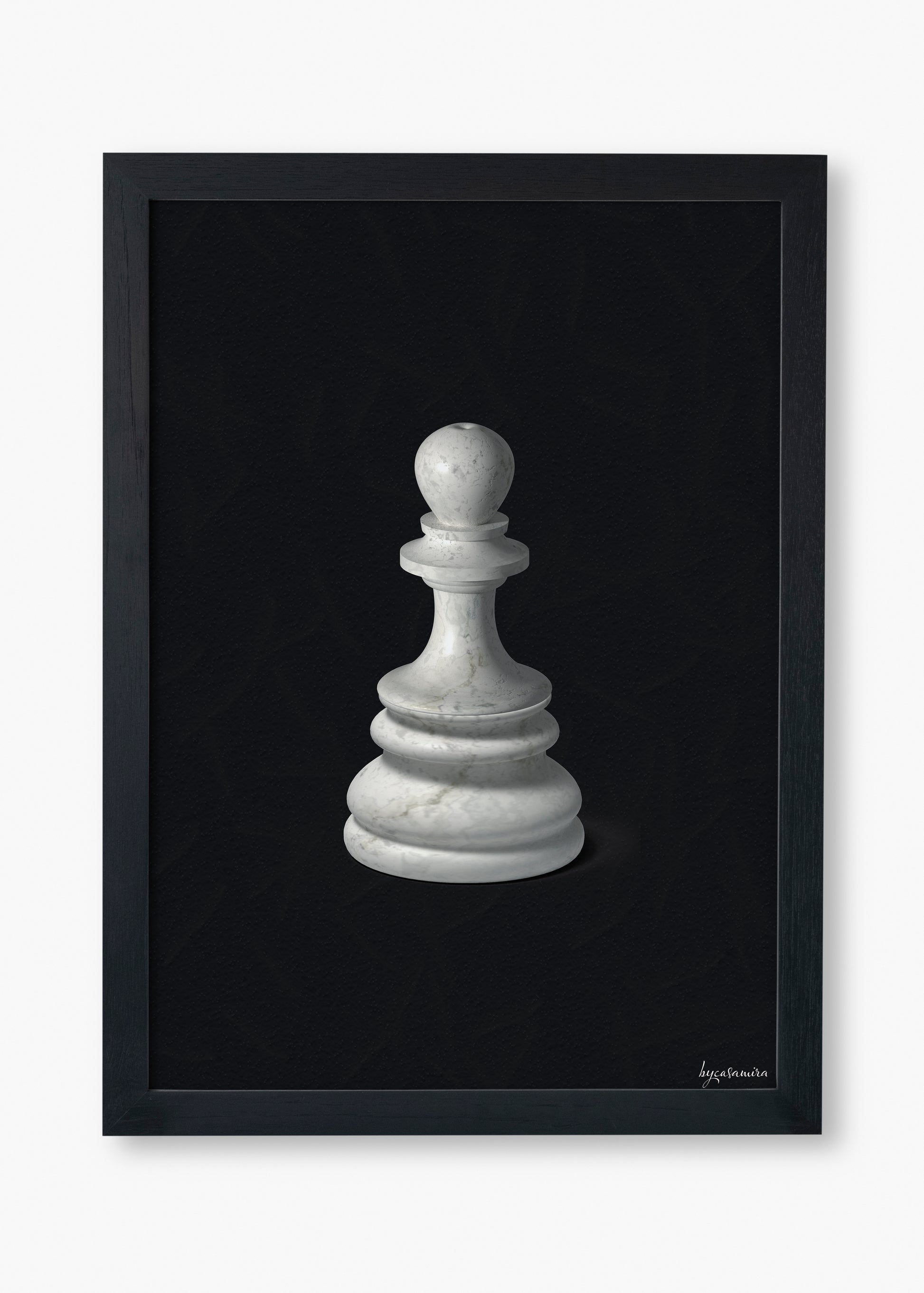 Framed artwork of a white pawn chess piece on a black background