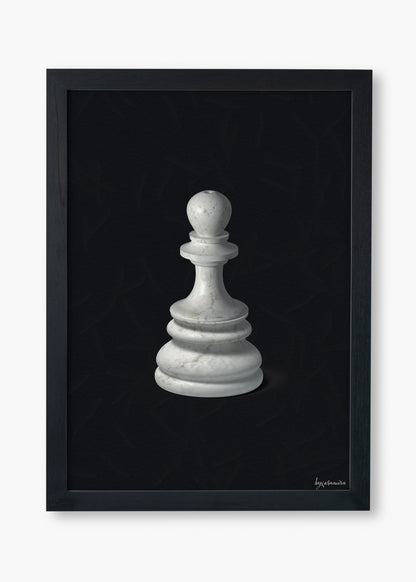 Framed artwork of a white pawn chess piece on a black background
