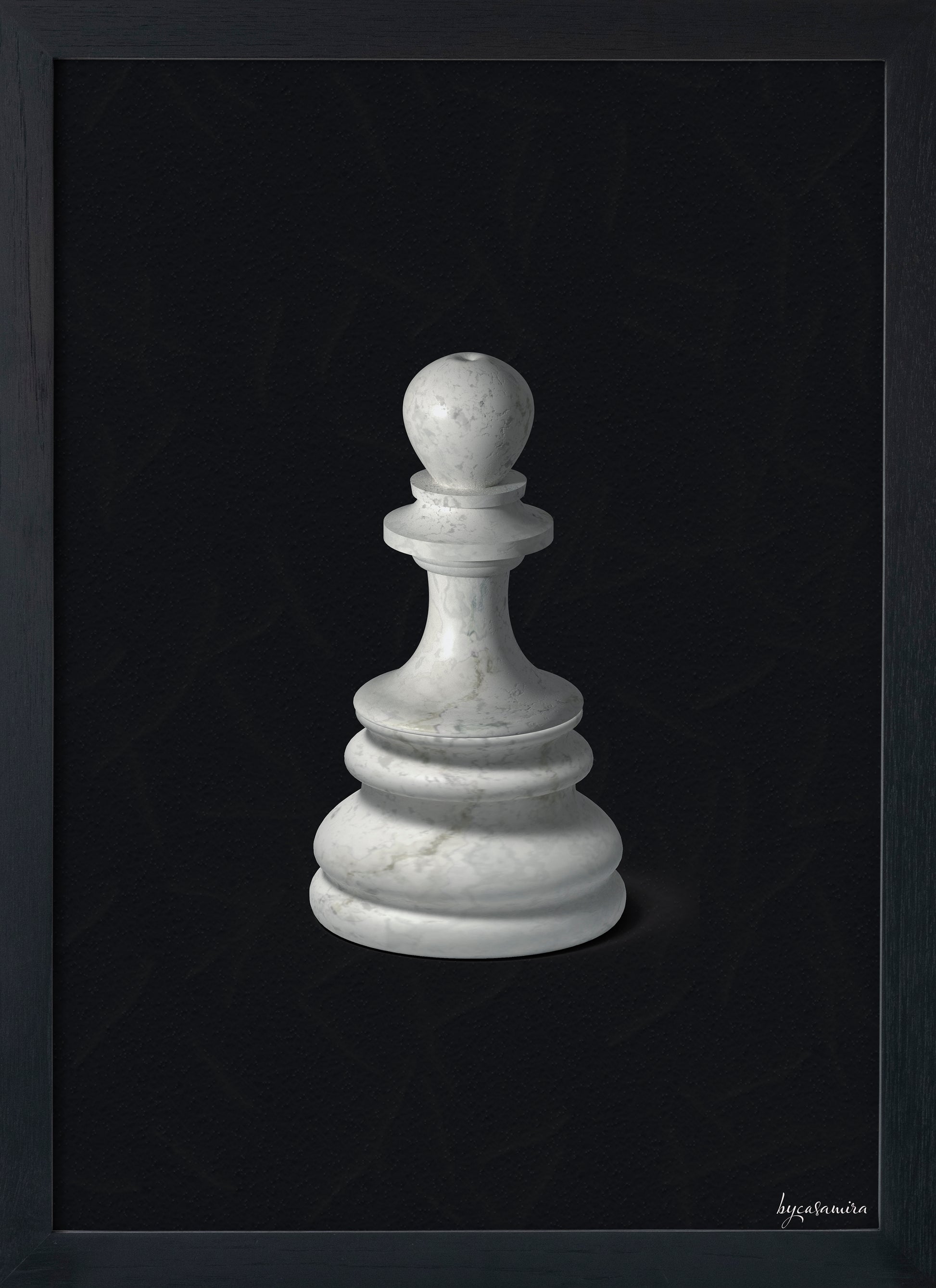 White marble pawn chess piece on a light black background.