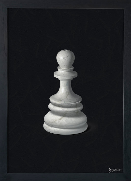 White marble pawn chess piece on a light black background.
