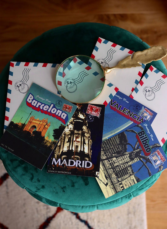 Spanish Vintage Postcards Pack featuring the cities of Barcelona, Madrid, Valencia and Bilbao. Each paired with our 'Custom Vintage Airmail Envelopes'.