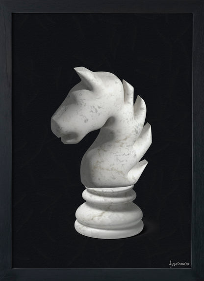 White marble knight chess piece on a light black background.