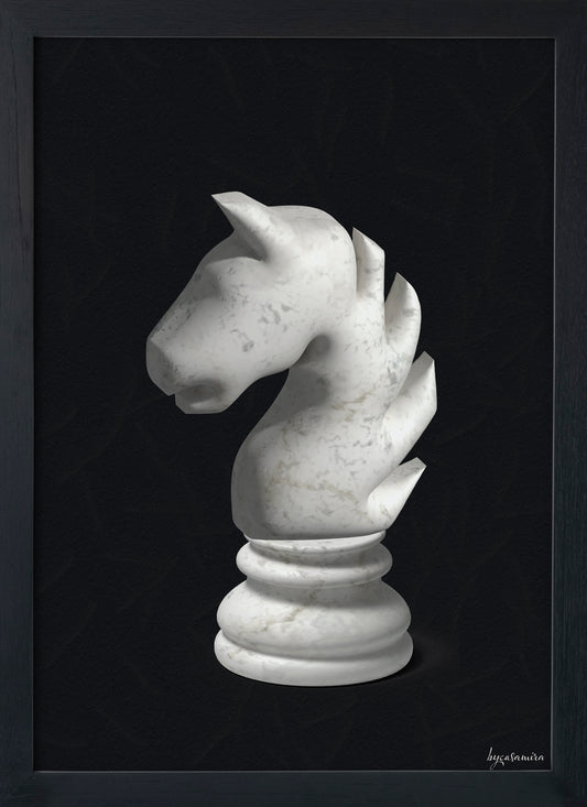 White marble knight chess piece on a light black background.