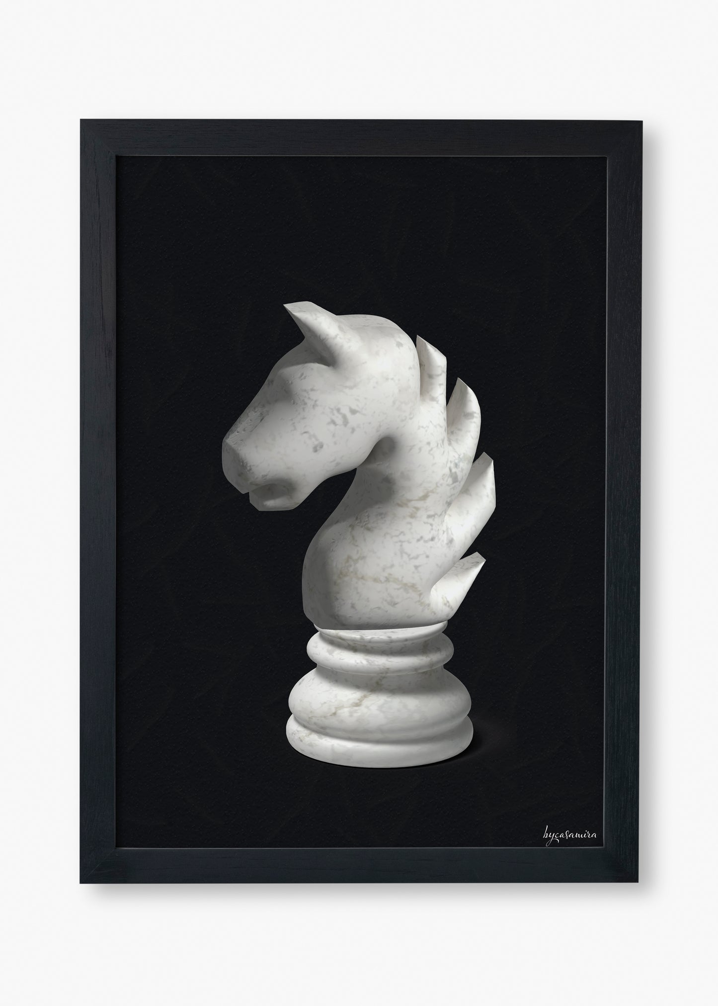Framed artwork of a white marble chess piece on a black background.