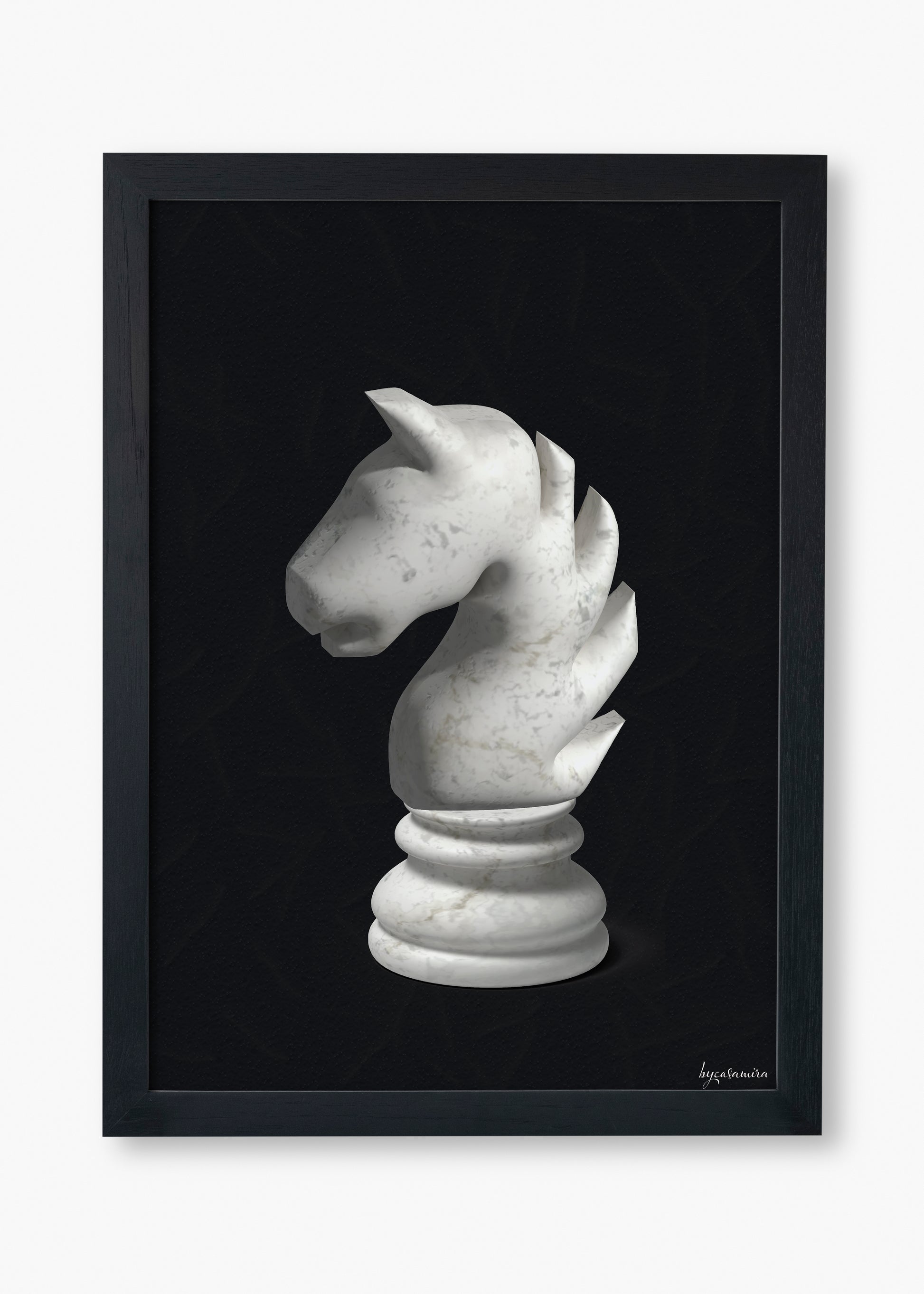 Framed artwork of a white marble chess piece on a black background.