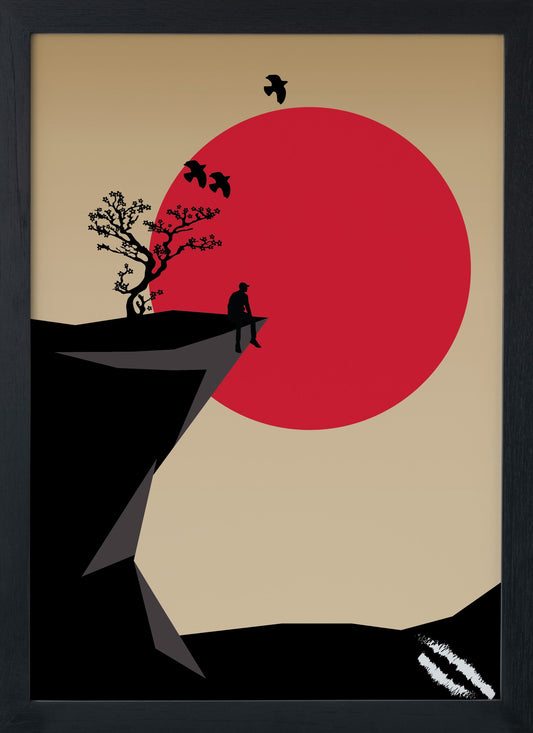 Minimal vector art showing a character sitting on the edge of the mountain under a Japanese cherry blossom tree with three birds flying away into the red sun.