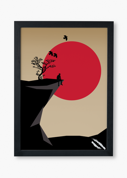 Minimal vector art showing a character sitting on the edge of the mountain under a Japanese cherry blossom tree with three birds flying away into the red sun.