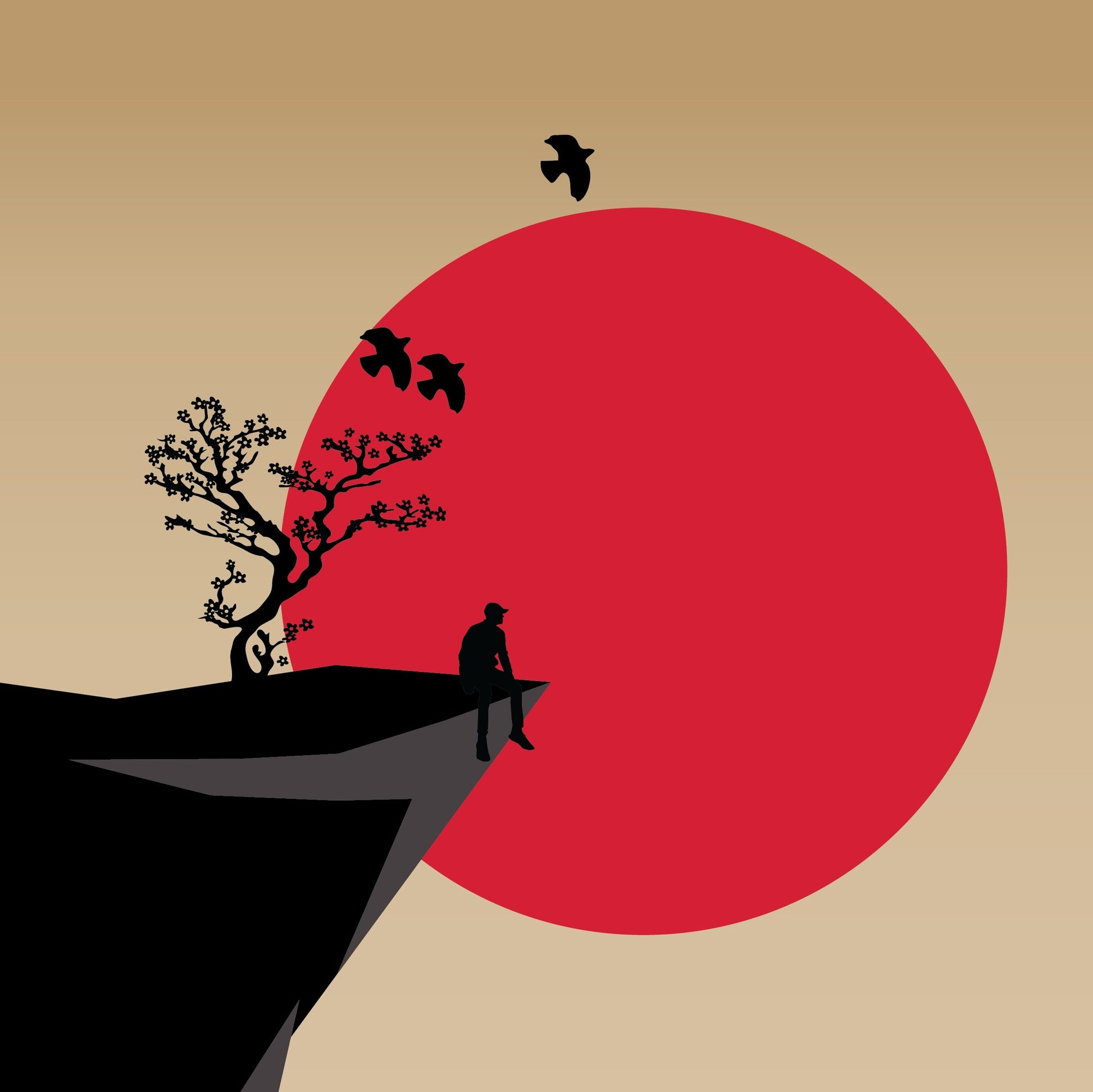 Minimal vector art showing a character sitting on the edge of the mountain under a Japanese cherry blossom tree with three birds flying away into the red sun.