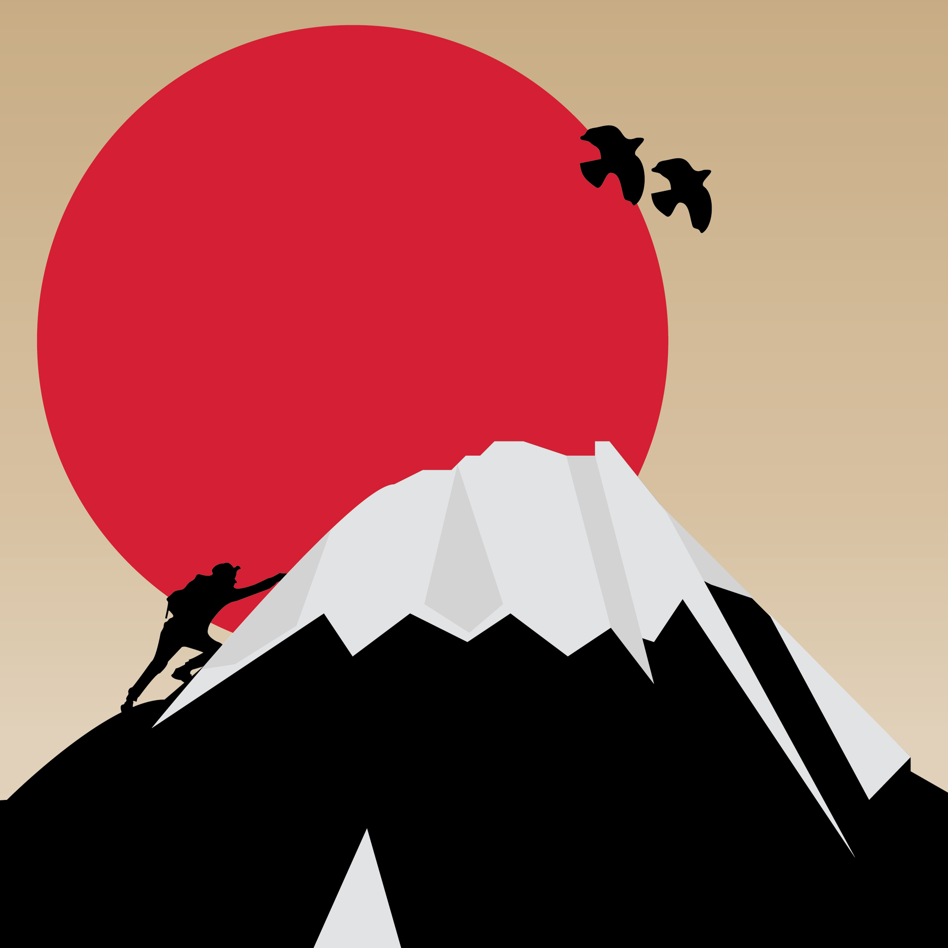 Minimal vector art showing an ambitious climber trying to reach the top of Mountain Fuji as two birds fly across the red sun rises in the distance.