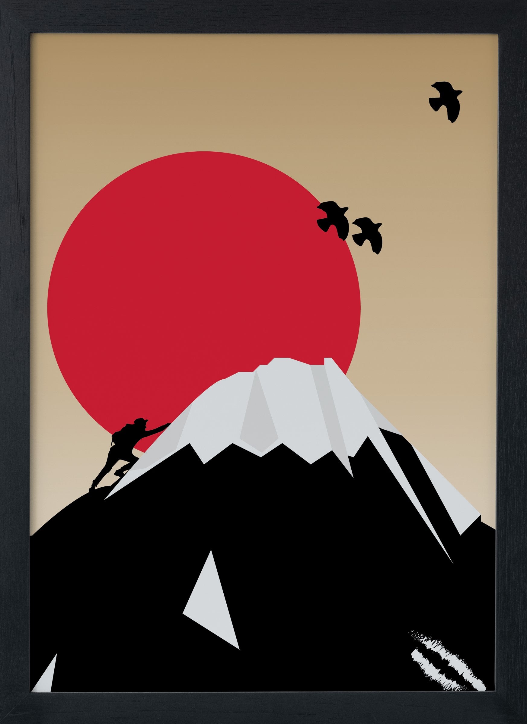 Minimal vector art showing an ambitious climber trying to reach the top of Mountain Fuji as two birds fly across the red sun rises in the distance.