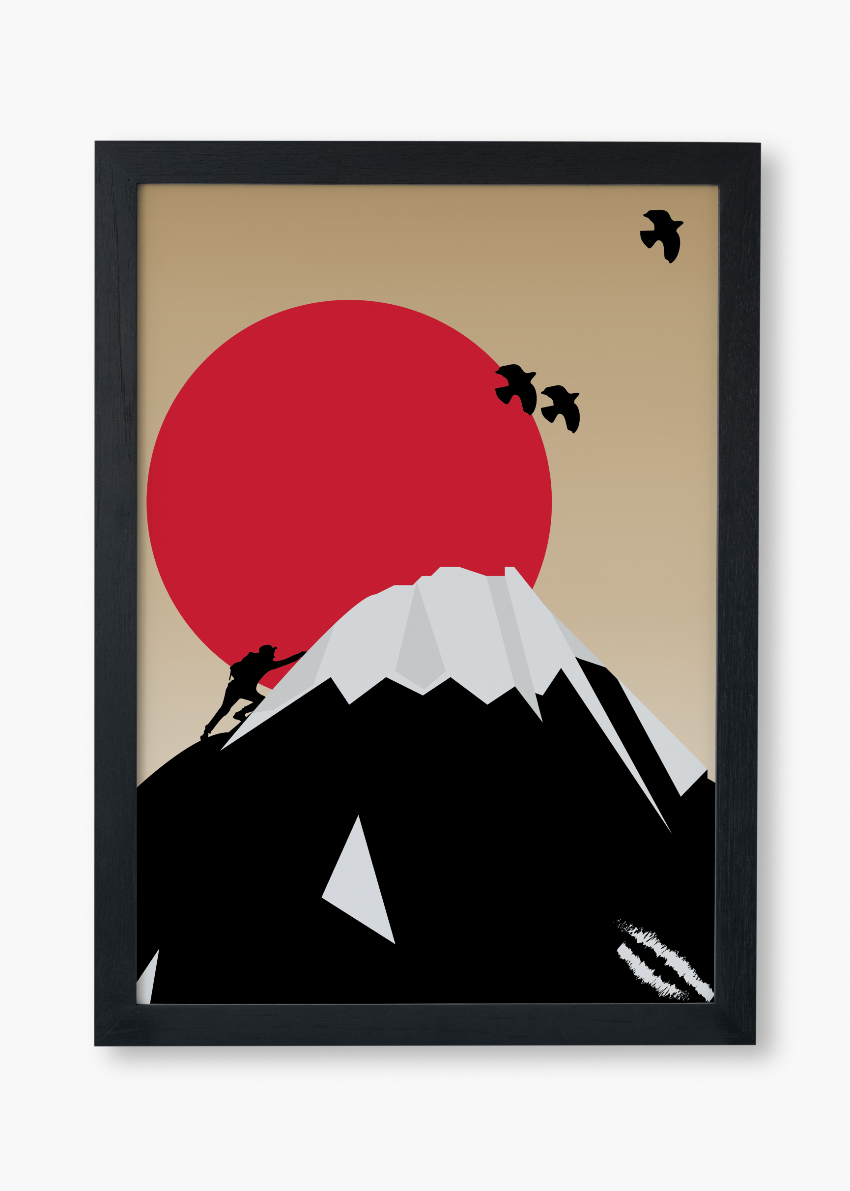 Minimal vector art showing an ambitious climber trying to reach the top of Mountain Fuji as two birds fly across the red sun rises in the distance.