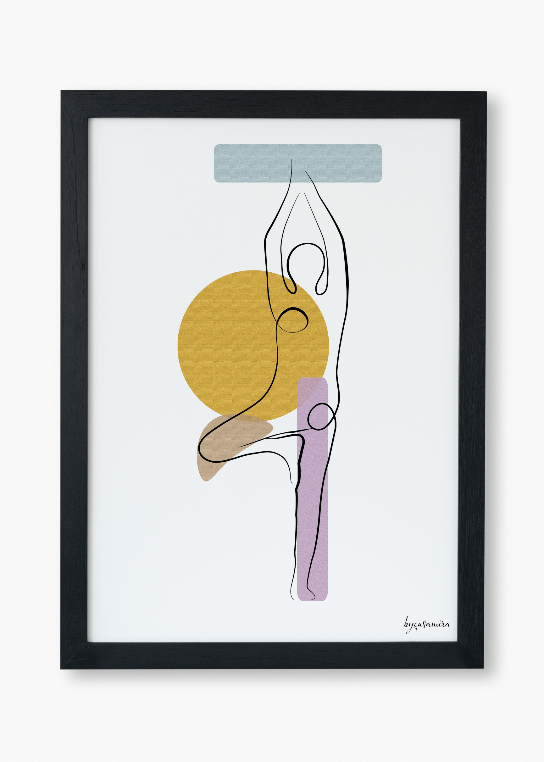 Line art print displaying and demonstrating the yoga 'Tree Pose'.