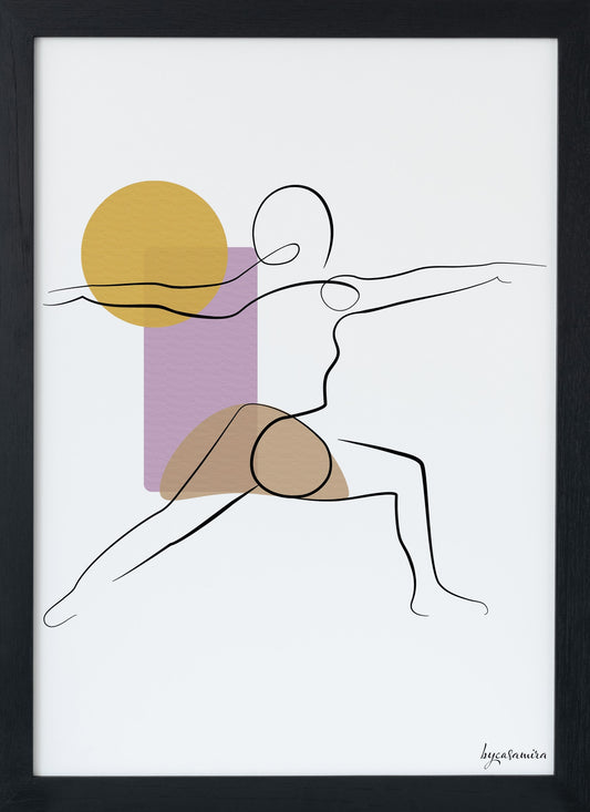 Line art print displaying and demonstrating the yoga 'Warrior Two Pose'.