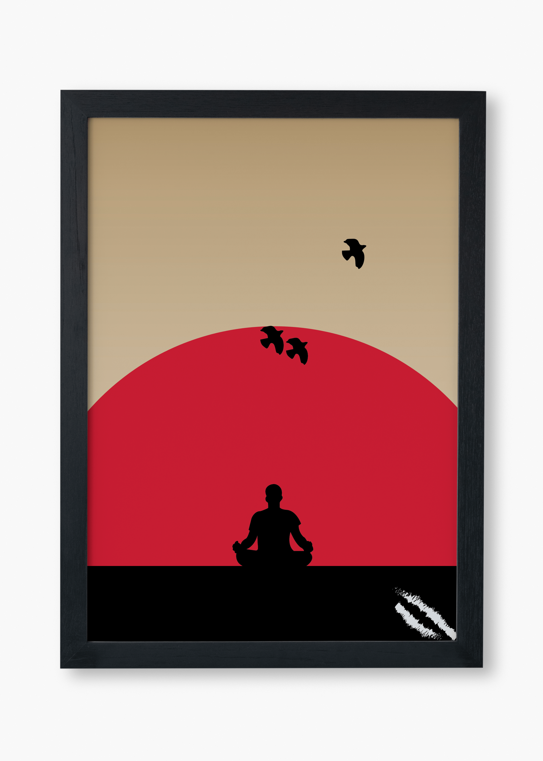 Minimal vector art showing a character practicing yoga in front of the red sun and 3 birds flying into the distance.