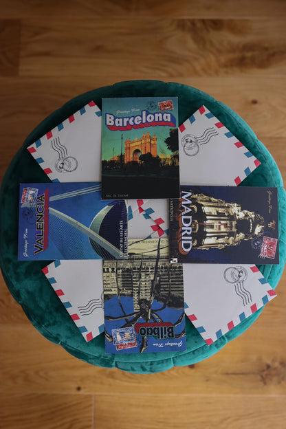 Four Vintage Postcards Pack featuring the Spanish cities of Barcelona, Madrid, Valencia and Bilbao.