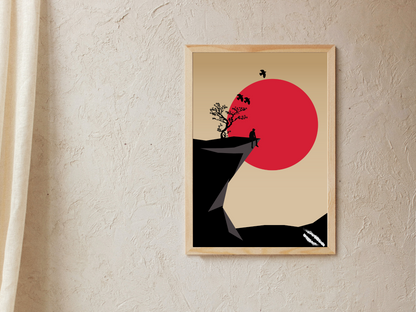 Minimal vector art showing a character sitting on the edge of the mountain under a Japanese cherry blossom tree with three birds flying away into the red sun.