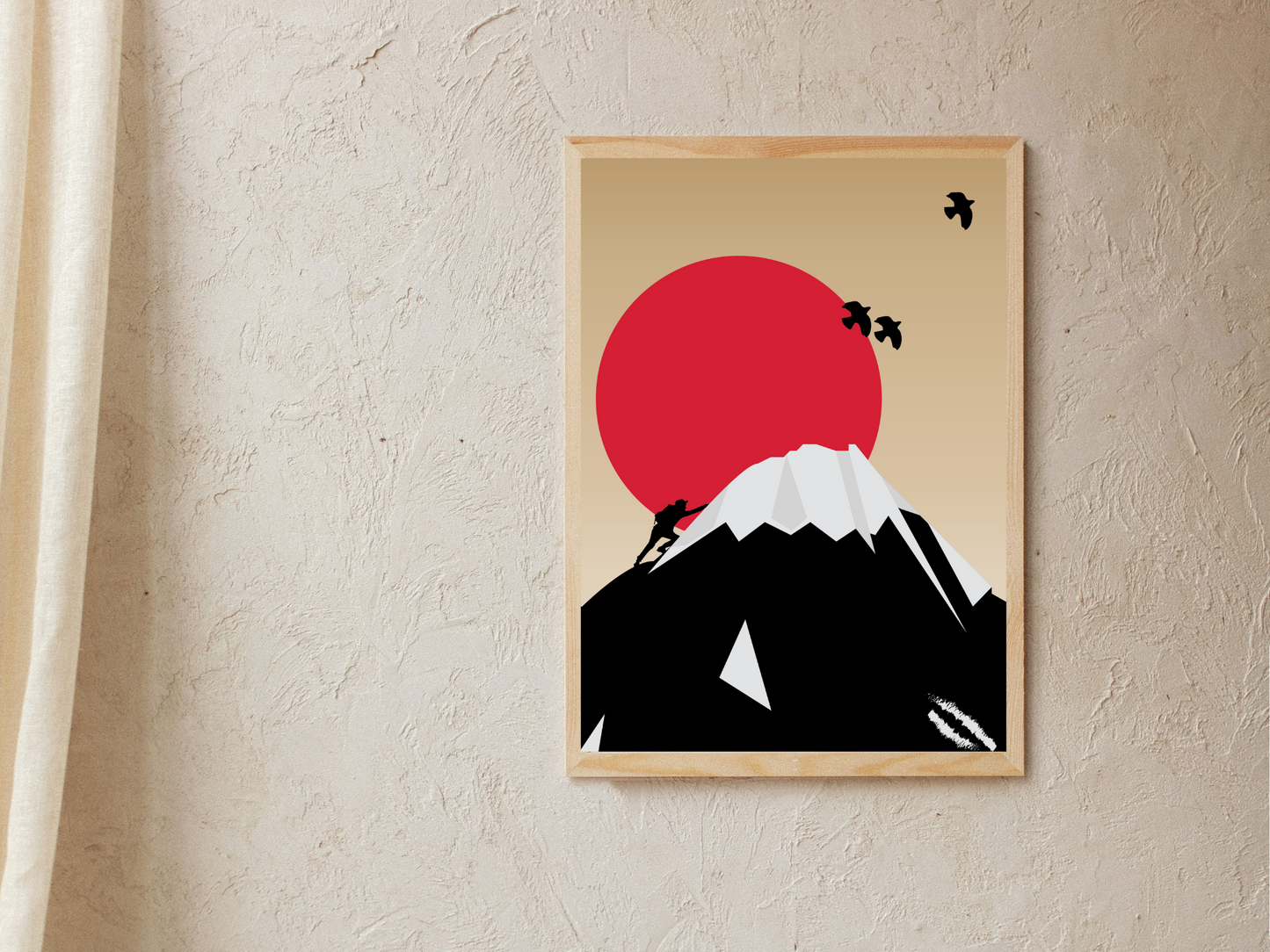 Minimal vector art showing an ambitious climber trying to reach the top of Mountain Fuji as two birds fly across the red sun rises in the distance.